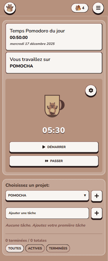 Interface Pomodoro : timer, statistiques, projets et todolist